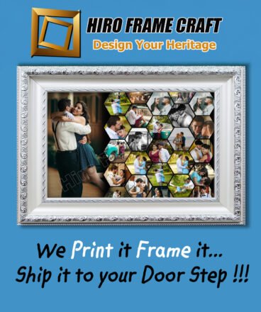 Creative Custom Collage Designing, Printing and framing example on a wall.